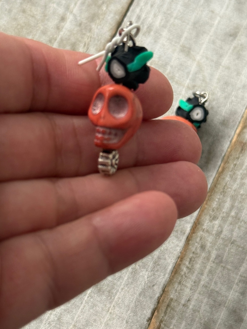 Handmade Orange skull Stone and Black Flower Pendant Necklace
